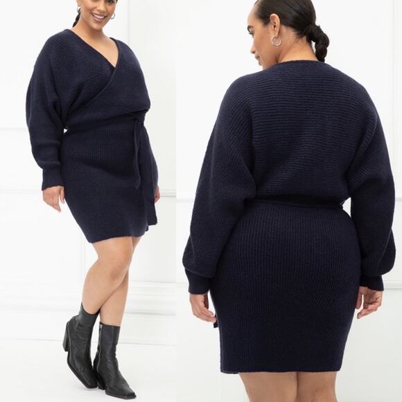 Eloquii Elements Long Dolman Sleeve Rib Knit Wrap Tie Waist Sweater Dress 22 24 - Picture 1 of 14